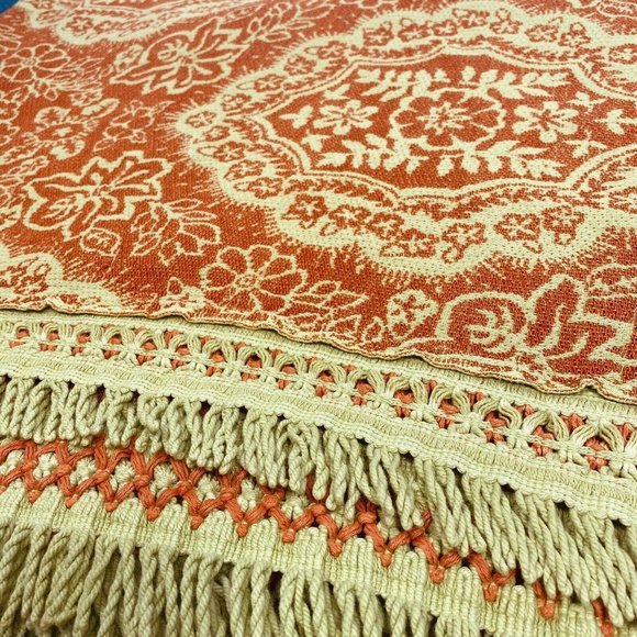 Antique Orange & Gold Large Coverlet Blanket Quilt Fringe Embroidery Vintage WOW - Picture 6 of 10